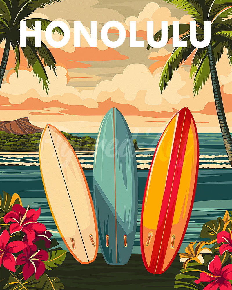 Diamond Painting - Poster di viaggio Honolulu 40x50cm tela già incorniciata