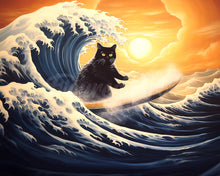 Carica l&#39;immagine nel visualizzatore di Gallery, Diamond Painting - Gatto nero sulla grande onda 40x50cm tela già incorniciata