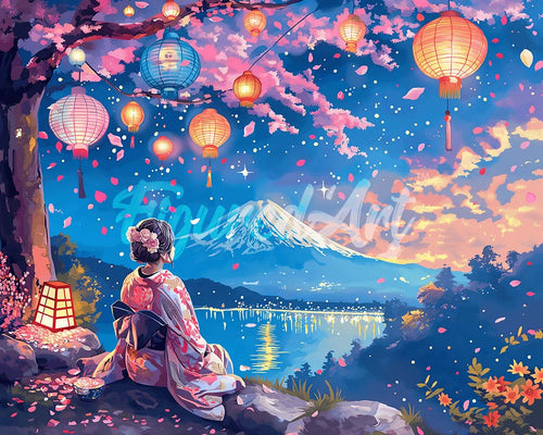 Diamond Painting - Ragazza, Lanterne e Monte Fuji