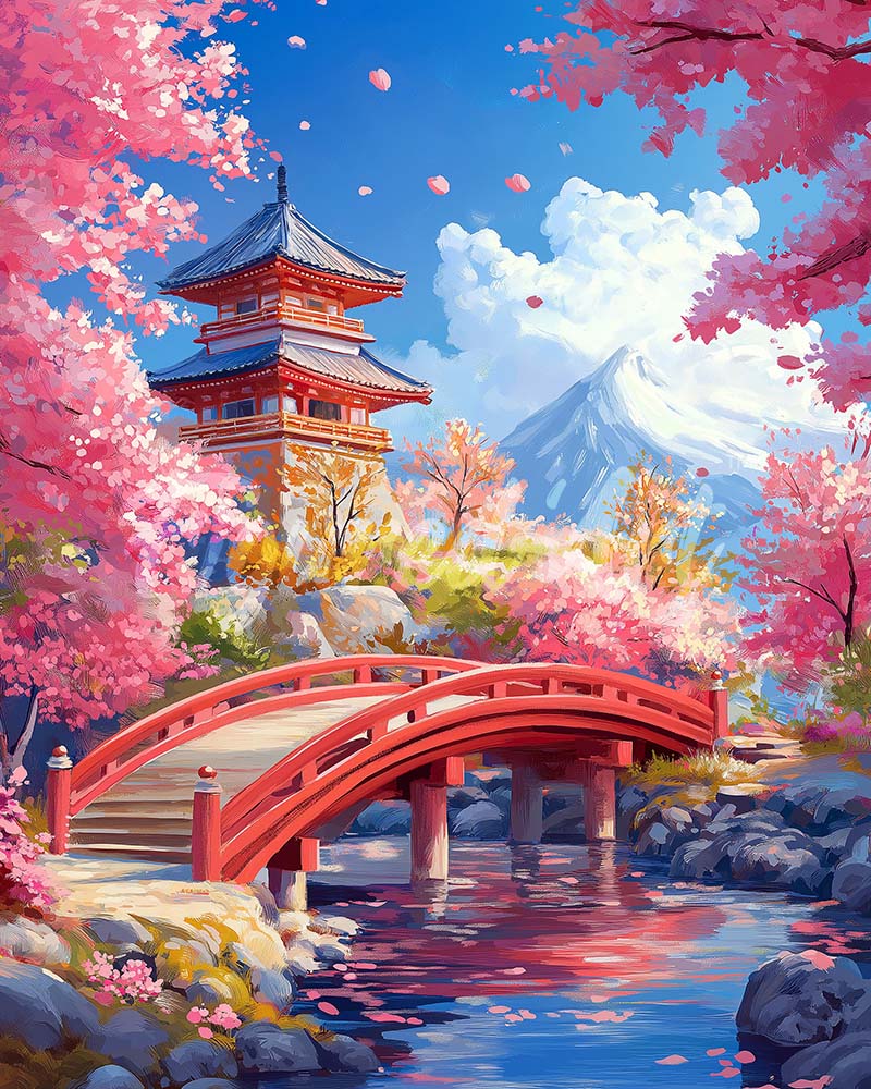 Diamond Painting - Ponte Rosso e Sakura in Fiore