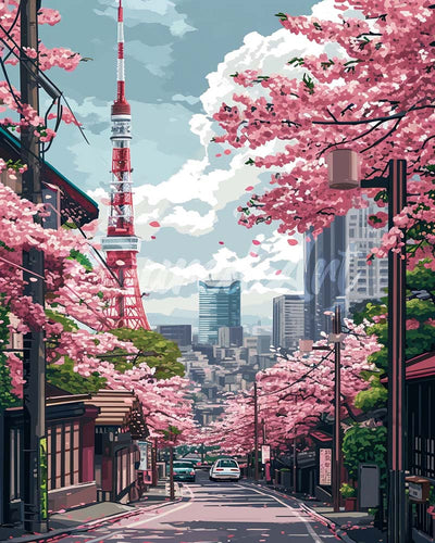 Diamond Painting - Strada a Tokyo e Ciliegi in Fiore