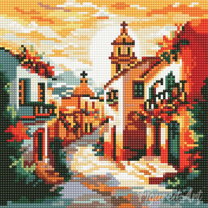 Mini Diamond Painting 25x25cm Chiesa del villaggio al tramonto