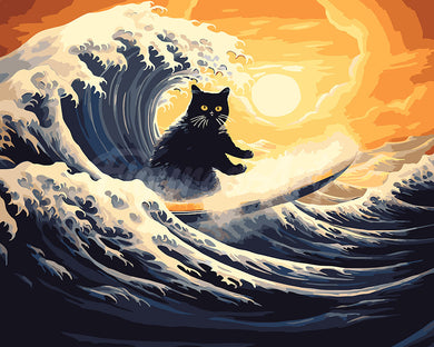 Dipingere con i numeri - Gatto nero sulla grande onda Figured'Art