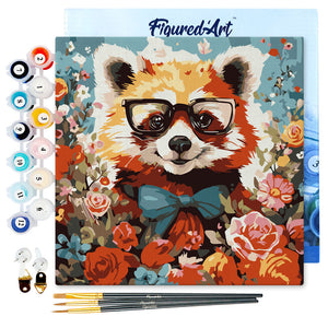 Mini Kit da Dipingere con i Numeri 20x20cm con cornice - Panda rosso fantasy tra i fiori